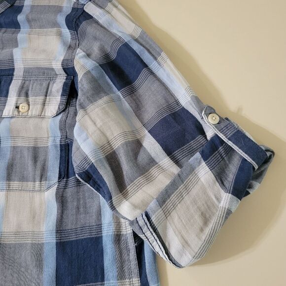 Eddie Bauer Women's Blue Plaid Cotton Rayon Button-Down Elbow-length Sleeve - Picture 9 of 13